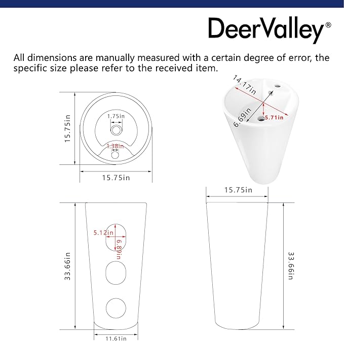 DeerValley Apex 15x15 Inch Circular Pedestal Sink, White Ceramic Bathroom Sink with Overflow, DV-1P527