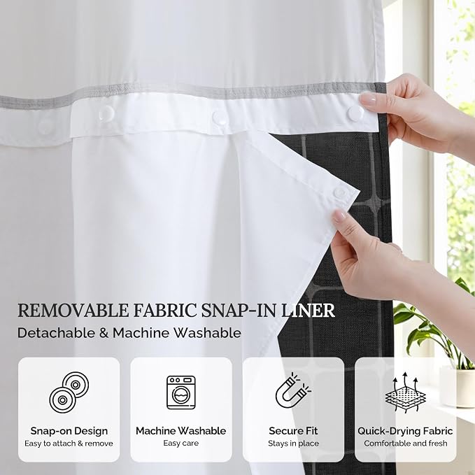 RiverDream Farmhouse No Hooks Shower Curtain with Snap-in Liner,Black,71x74 | Snap on Fabric Liner,Heavy Duty,Quick Dry,Mesh Top Window,With Bottom Magnets,Washable,with Tassels,Standard Size