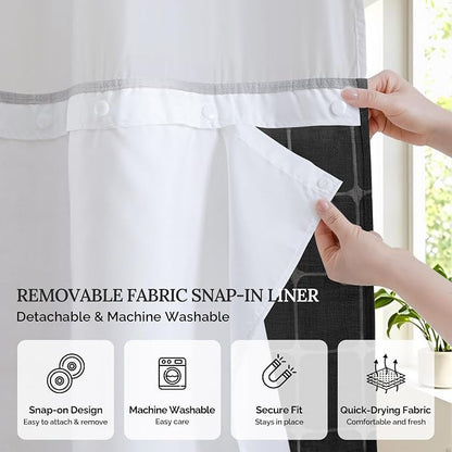 RiverDream Farmhouse No Hooks Shower Curtain with Snap-in Liner,Black,71x74 | Snap on Fabric Liner,Heavy Duty,Quick Dry,Mesh Top Window,With Bottom Magnets,Washable,with Tassels,Standard Size