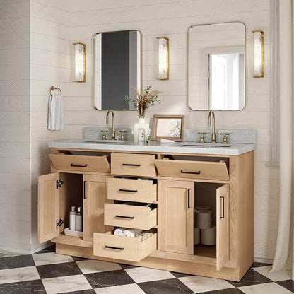 ARIEL Hepburn 60-inch Bathroom Vanity with Sink,Solid Wood, 1.5-inch Italian Carrara Marble Countertop, Double Rectangular Porcelain Sink, 4 Soft Closing Doors, 6 Dovetail Drawers, White Oak