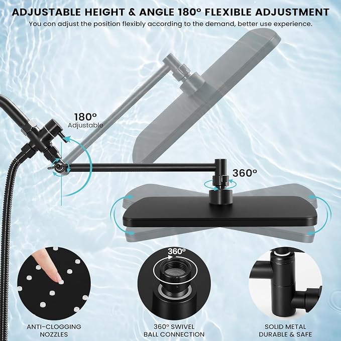 Shower Head with Handheld, High Pressure Black Rain Shower Head | Regaderas Para Shower,11.8" Rectangular,Rainfall Shower Head,Dual Shower Head,Bathroom Decor,Extension Arm,5 Spray Mode