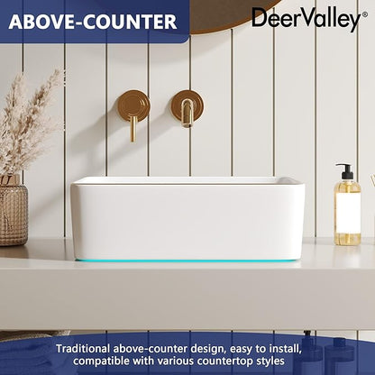 DeerValley Liberty 16x12 Inch Rectangular Vessel Sink, White Ceramic Basin with Gold Band, Above Counter Bathroom Sink, DV-1V0366