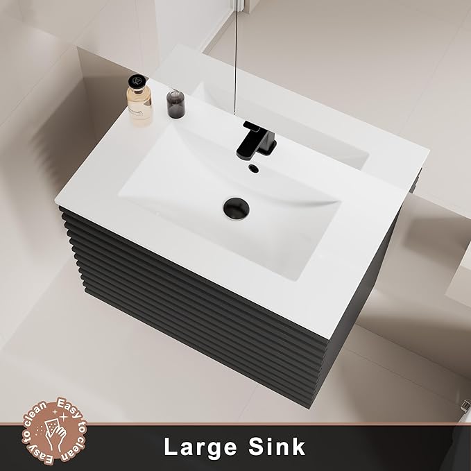 LUCKWIND 30" Floating Bathroom Vanity with Sink, Mid-Century Wall Mounted Big Drawer Cabinet with Large Sink, Water Saving Faucet and Wood Stripes Style, Black