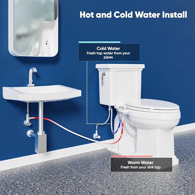 Hot and Cold Bidet, Warm Water Bidet Attachment for Toliet, Non-Electric Warm Bidet with Adjustable Water Pressure, Dual nozzle Rear and Feminine Wash - Self cleaning (Silver)