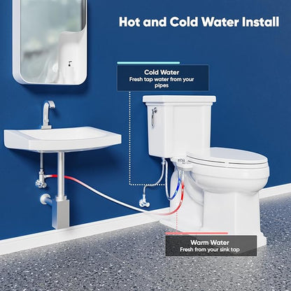 Hot and Cold Bidet, Warm Water Bidet Attachment for Toliet, Non-Electric Warm Bidet with Adjustable Water Pressure, Dual nozzle Rear and Feminine Wash - Self cleaning (Silver)