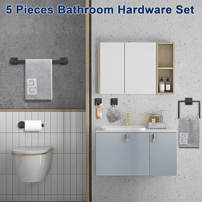 NearMoon 5 Pieces Bathroom Hardware Set 304 Stainless Steel - Square Towel Rack Set Include 16" Towel Rod + Towel Ring + Toilet Paper Holder + 2 Robe Towel Hooks Bathroom Accessories (Matte Black)