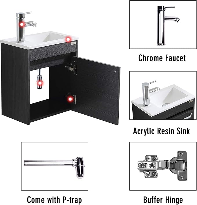 16 Inch Floating Vanity Bathroom Wall Mounted Vanity with Sink Basin & Chrome Faucet Set for Small Spaces (Black)