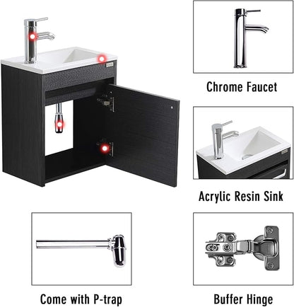 16 Inch Floating Vanity Bathroom Wall Mounted Vanity with Sink Basin & Chrome Faucet Set for Small Spaces (Black)