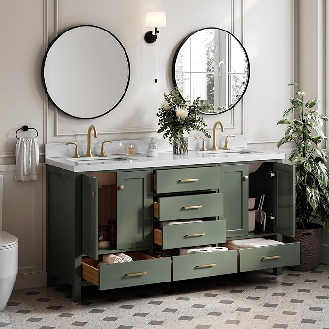 ARIEL Cambridge 67 Inch Double Rectangle Sink Bathroom Vanity with Carrara White Marble Countertop 1.5 Inch in Vintage Green