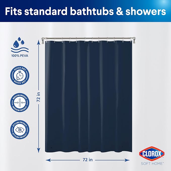 Clorox Shower Curtain Liner, Premium Colored Medium-Weight Durable Waterproof 6g PEVA for Bathroom with Weighted Magnets, Standard Size 72" x 72", Blue