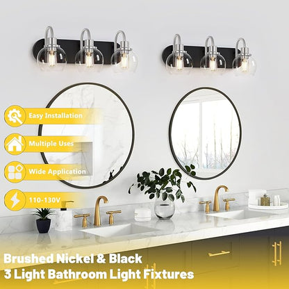 Modern 3-Light Vanity Light, Bathroom Lighting Fixture Over Mirror With Clear Glass Shade and Metal Base, Matte Black and Brushed Nickel