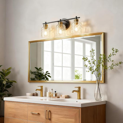 3 Light Black and Brass Bathroom Light Fixtures with Hammered Glass Mirror | 21.2" Black and Gold Farmhouse Vanity Light, Vanity Lighting Fixtures, Rustic Vanity Lights for Bathroom Lights for Makeup