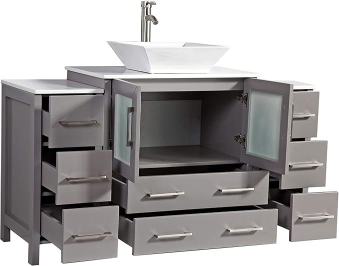 Vanity Art 54 Inch Vessel Single Sink Bathroom Vanity Cabinet with 1 Mirror, Engineered Marble Top Bathroom Cabinet Compact Set with 8 Dovetail Drawers and Soft Closing Doors, VA3130-54-G