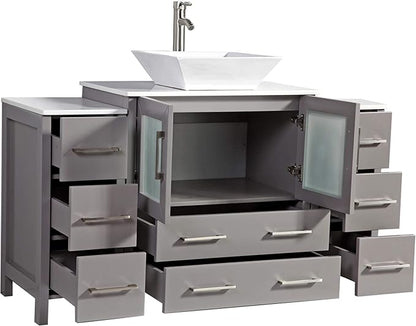 Vanity Art 54 Inch Vessel Single Sink Bathroom Vanity Cabinet with 1 Mirror, Engineered Marble Top Bathroom Cabinet Compact Set with 8 Dovetail Drawers and Soft Closing Doors, VA3130-54-G