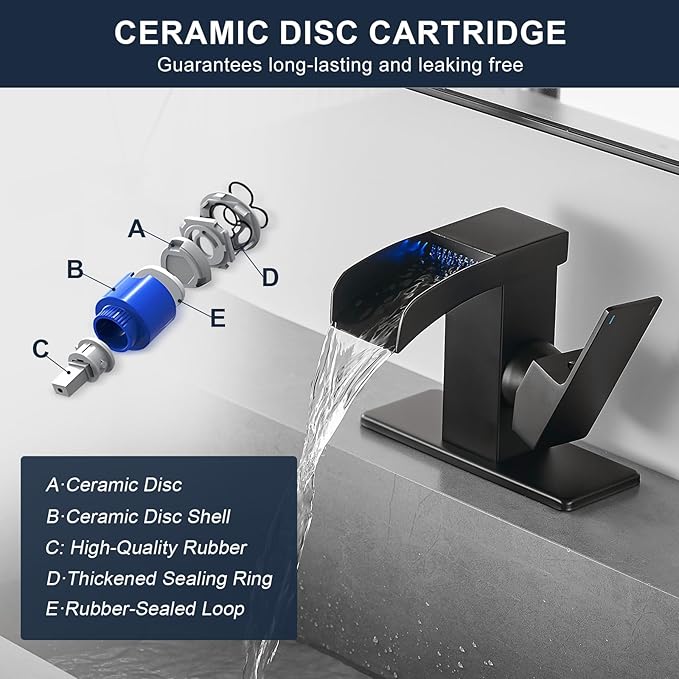 Matte Black LED Waterfall Bathroom Faucet, Single Hole Bathroom Sink Faucet, 3 Colors Light Changing Single Handle Vanity Faucets with cUPC Supply Lines, Stainless Steel