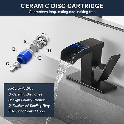 Matte Black LED Waterfall Bathroom Faucet, Single Hole Bathroom Sink Faucet, 3 Colors Light Changing Single Handle Vanity Faucets with cUPC Supply Lines, Stainless Steel