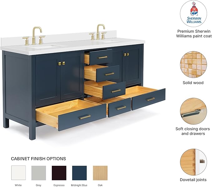 DKB Beckford 72 Inch Bathroom Vanity Double Sink — Midnight Blue Bathroom Vanity with Sink, 1.5" Edge Pure White Quartz Countertop & Backsplash, 4 Soft-Close Doors, 6 Dovetail Drawers