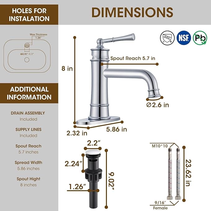 Antique Brass Bathroom Faucet Single Handle, Polished Chrome | Bathroom Faucet 1 or 3 Hole, Sink Faucet with Pop Up Drain Supply Hose for Vanity Lavatory RV Farmhouse(L2301-CP)