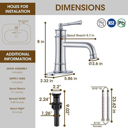 Antique Brass Bathroom Faucet Single Handle, Polished Chrome | Bathroom Faucet 1 or 3 Hole, Sink Faucet with Pop Up Drain Supply Hose for Vanity Lavatory RV Farmhouse(L2301-CP)