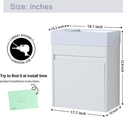 Malwee 18" Floating Bathroom Vanity with Sink, 18 Inch Single Sink Wall Mounted Bathroom Vanity, with 1 Door and White Resin Basin Top, Modern Bath Wall-Hung Storage Cabinet for Small Space (005-18)