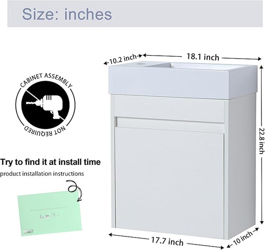 Malwee 18" Floating Bathroom Vanity with Sink, 18 Inch Single Sink Wall Mounted Bathroom Vanity, with 1 Door and White Resin Basin Top, Modern Bath Wall-Hung Storage Cabinet for Small Space (005-18)