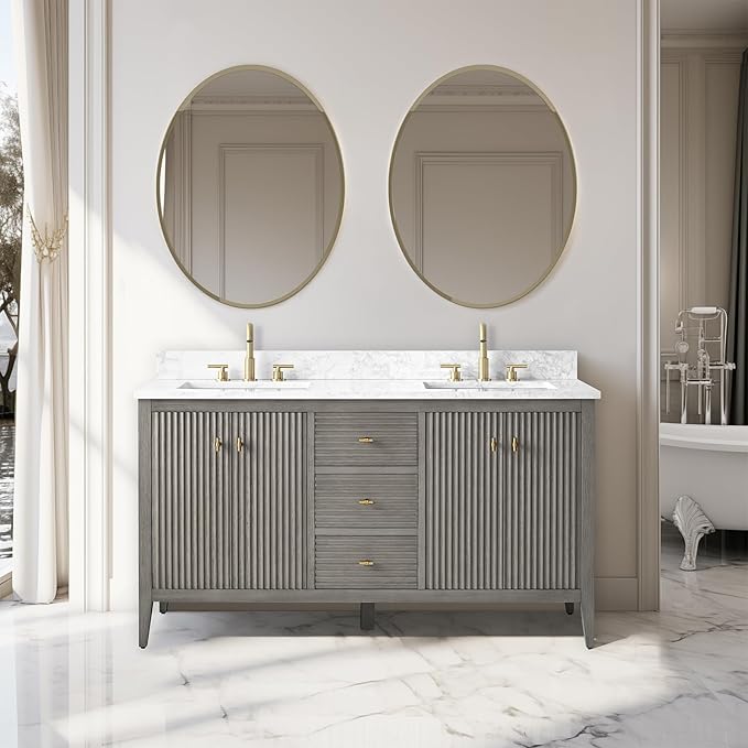 Vanity Art 60 inch Bathroom Vanity with Double Sink & Ceramic Top, Vanity Cabinet with Soft-Closing Door, Solid Wood Frame, Linear Pattern, Driftwood Gray, Golden Brushed Handware VA91360-DDG-GB