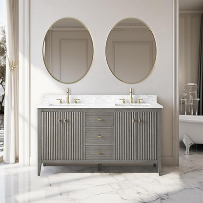 Vanity Art 60 inch Bathroom Vanity with Double Sink & Ceramic Top, Vanity Cabinet with Soft-Closing Door, Solid Wood Frame, Linear Pattern, Driftwood Gray, Golden Brushed Handware VA91360-DDG-GB
