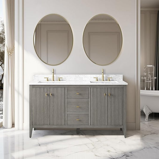 Vanity Art 60 inch Bathroom Vanity with Double Sink & Ceramic Top, Vanity Cabinet with Soft-Closing Door, Solid Wood Frame, Linear Pattern, Driftwood Gray, Golden Brushed Handware VA91360-DDG-GB