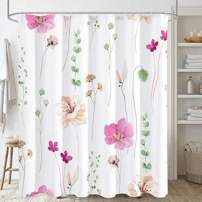 Pink Green Beige Watercolor Floral Fabric Shower Curtain, 72x72 | Waterproof Fabric, Modern Minimalist Floral Print, Machine Washable, Rustproof Grommets, for Bathroom Home