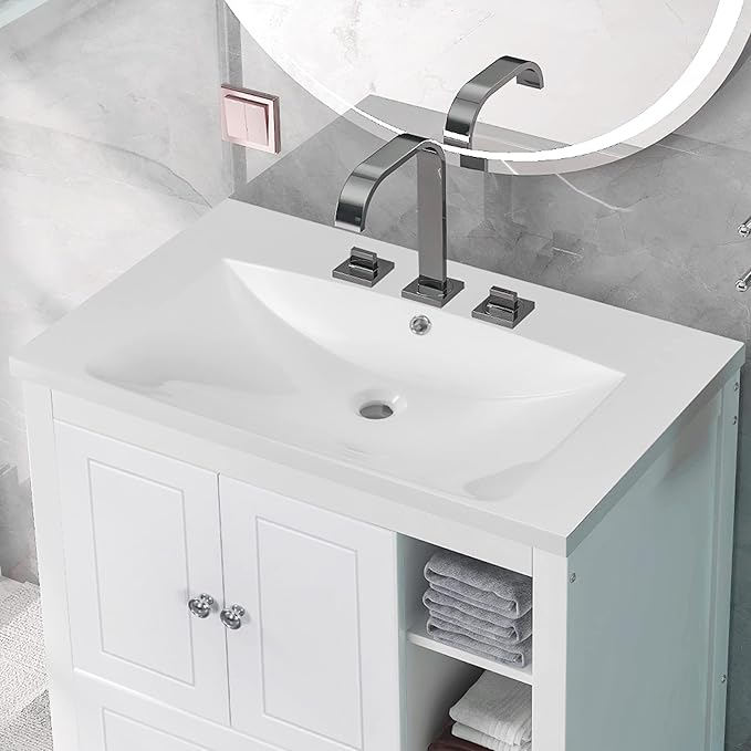 30" Ceramic Bathroom Sink, Vanity Top Only, Vessel Single-sink with Overflow and 3 Holes, Rectanglar