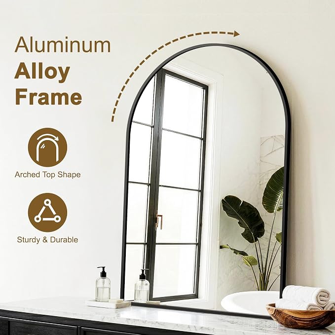 FGU Arched Bathroom Mirror for Over Sink 36"x24" Black Vanity Mirror | Wall Mounted, HD Tempered Shatter-Proof Glass, Rust-proof Arched Metal Frame, Arch Mirror for Bedroom, Living Room, Entryway