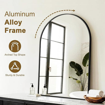 FGU Arched Bathroom Mirror for Over Sink 36"x24" Black Vanity Mirror | Wall Mounted, HD Tempered Shatter-Proof Glass, Rust-proof Arched Metal Frame, Arch Mirror for Bedroom, Living Room, Entryway