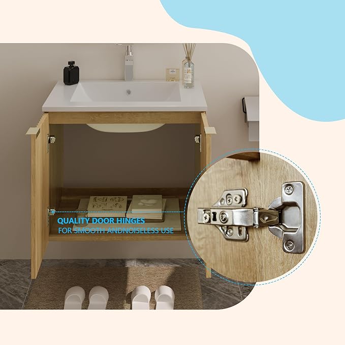 24 Inch Bathroom Vanity with Sink, Wall Mounted Floating Cabinet with Ceramic Basin, Waterproof Engineered Wood for Powder Room & Small Bathroom