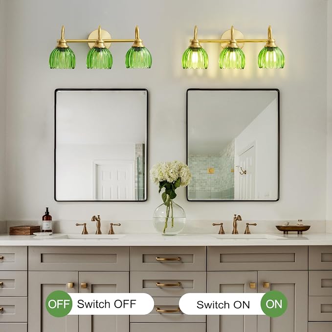 Vintage Bathroom Light Fixtures Gold, 3 Light Vanity Light with Green Glass Shade,E26 Base Bathroom Lighting Fixtures Over Mirror,Dimmable Vanity Lighting Fixtures for Restroom,Vanity,Mirror