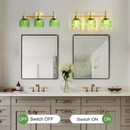 Vintage Bathroom Light Fixtures Gold, 3 Light Vanity Light with Green Glass Shade,E26 Base Bathroom Lighting Fixtures Over Mirror,Dimmable Vanity Lighting Fixtures for Restroom,Vanity,Mirror