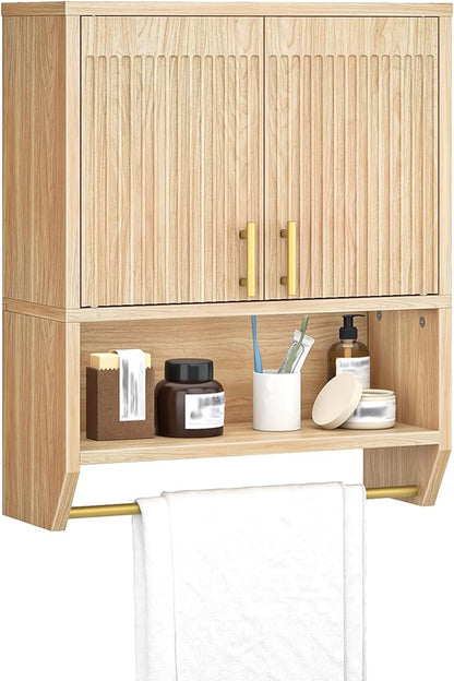 HOOBRO Fluted Medicine Cabinet, Farmhouse Bathroom Wall Cabinet with Towel Rack and Adjustable Shelf, Fluted Wall-Mounted Storage Organizer, for Bathroom, Kitchen, Natural