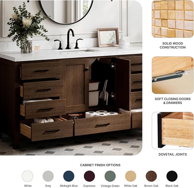ARIEL Cambridge 66-inch Bathroom Vanity Base Cabinet,Solid Wood, 2 Soft Closing Doors, 9 Dovetail Drawers, Brown Oak