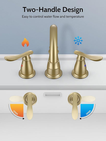 Brushed Gold Bathroom Faucet 3 Hole, 4 Inch Bathroom Sink Faucet with 2 Hot/Cold Handles, Pop-Up Drain, Lead-Free, No-Leak, RV Faucet for Bathroom Sink, Bath, Camper