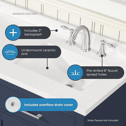 OVE Decors Bailey 60 in. Double Sink Freestanding Midnight Blue Bathroom Vanity with White Quartz Top, Matching Backsplash and Power Bar