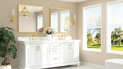 Brushed Brass Vanity Mirror for Bathroom 36" x 36" Brushed Gold Rectangle Beveled Framed Bathroom Wall Mirror for Over Sink, Tempered Glass, Modern Farmhouse Bedroom, Entryway, Living Room