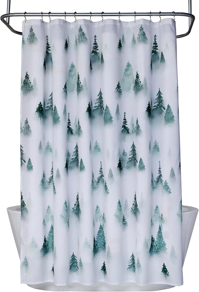 SKL Home Christmas Winter Pines Fabric Shower Curtain, Green