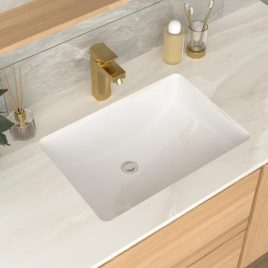 Undermount Bathroom Sink Rectangle 21x15 Inch White Rectangular Porcelain Ceramic Vessel Sink with Overflow Under Counter Lavatory Vanity