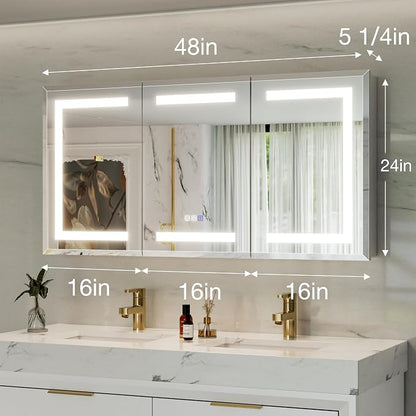 48x24 Lighted Medicine Cabinet with Mirror Defogger - Dimmable Touch Sensor, Adjustable Color Temperature, Shatterproof Tempered Glass, Quick-Release Hinges, Adjustable Shelves,three door