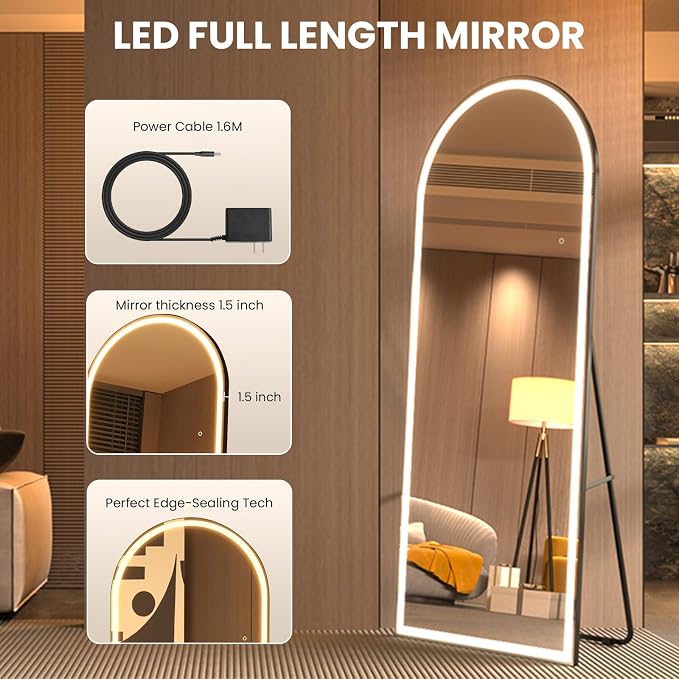 pertetey 81 x 34 in Arched LED Full Length Mirror, Black Frame | Dimmable, 3 Color Modes, Floor or Wall Mounted