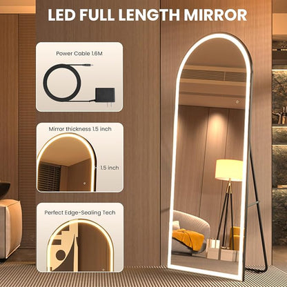 pertetey 81 x 34 in Arched LED Full Length Mirror, Black Frame | Dimmable, 3 Color Modes, Floor or Wall Mounted