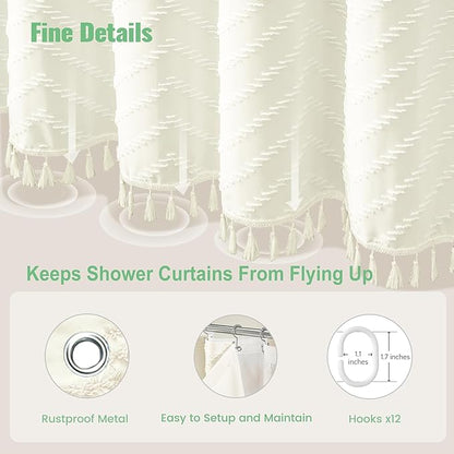 Dynamene Extra Long Shower Curtain and Liner Set - 84 inch Tall Boho Shower Curtain and Waterproof Clear Liner, Tufted Chevron Striped Tassel Shower Curtains for Bathroom, 12 Hooks, 72x84, Cream