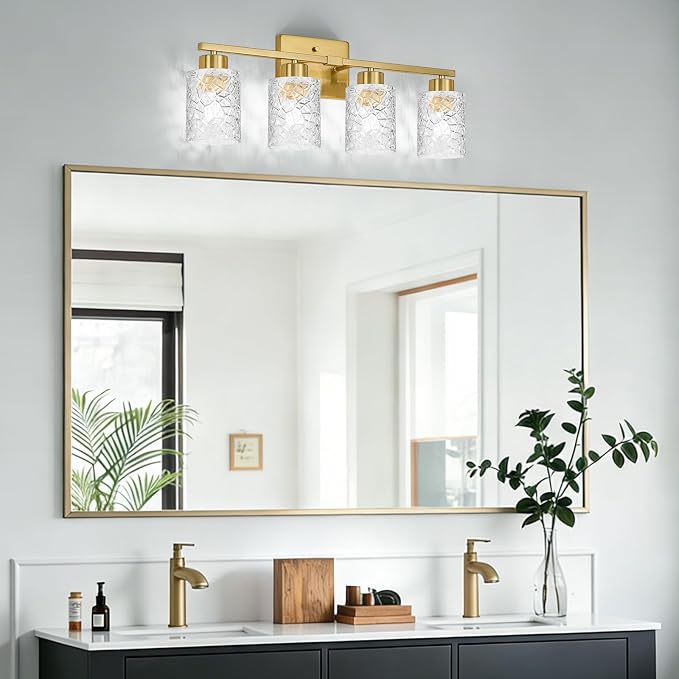 4-Light Bathroom Light Fixtures, Brushed Gold Vanity Lights Over Mirror | Wall Sconces with Clear Textured Glass Shades for Living Room Bedroom Hallway,E26 Base (Bulbs Not Included)
