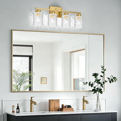 4-Light Bathroom Light Fixtures, Brushed Gold Vanity Lights Over Mirror | Wall Sconces with Clear Textured Glass Shades for Living Room Bedroom Hallway,E26 Base (Bulbs Not Included)