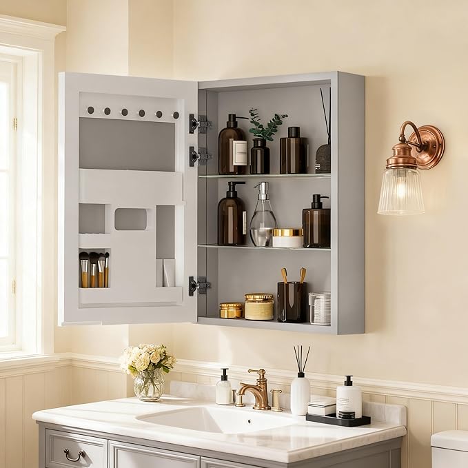 LUVODI Bathroom Cabinet with Mirror: Wall Vanity Cabinets Medicine Storage Shelves