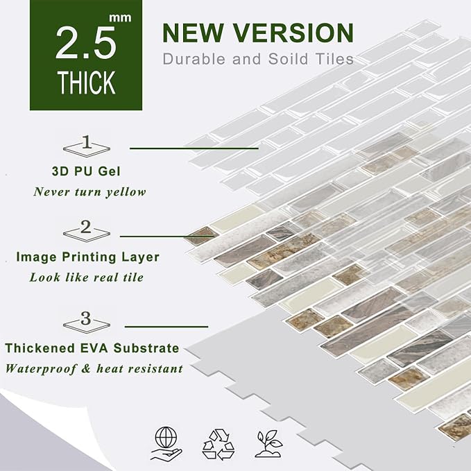 STICKGOO Peel and Stick Tile Backsplash for Kitchen, 12”×12”Stick on Backsplash, Self Adhesive Tile for Kitchen Backsplash and Bathroom(10 Sheets, Thicker Design)